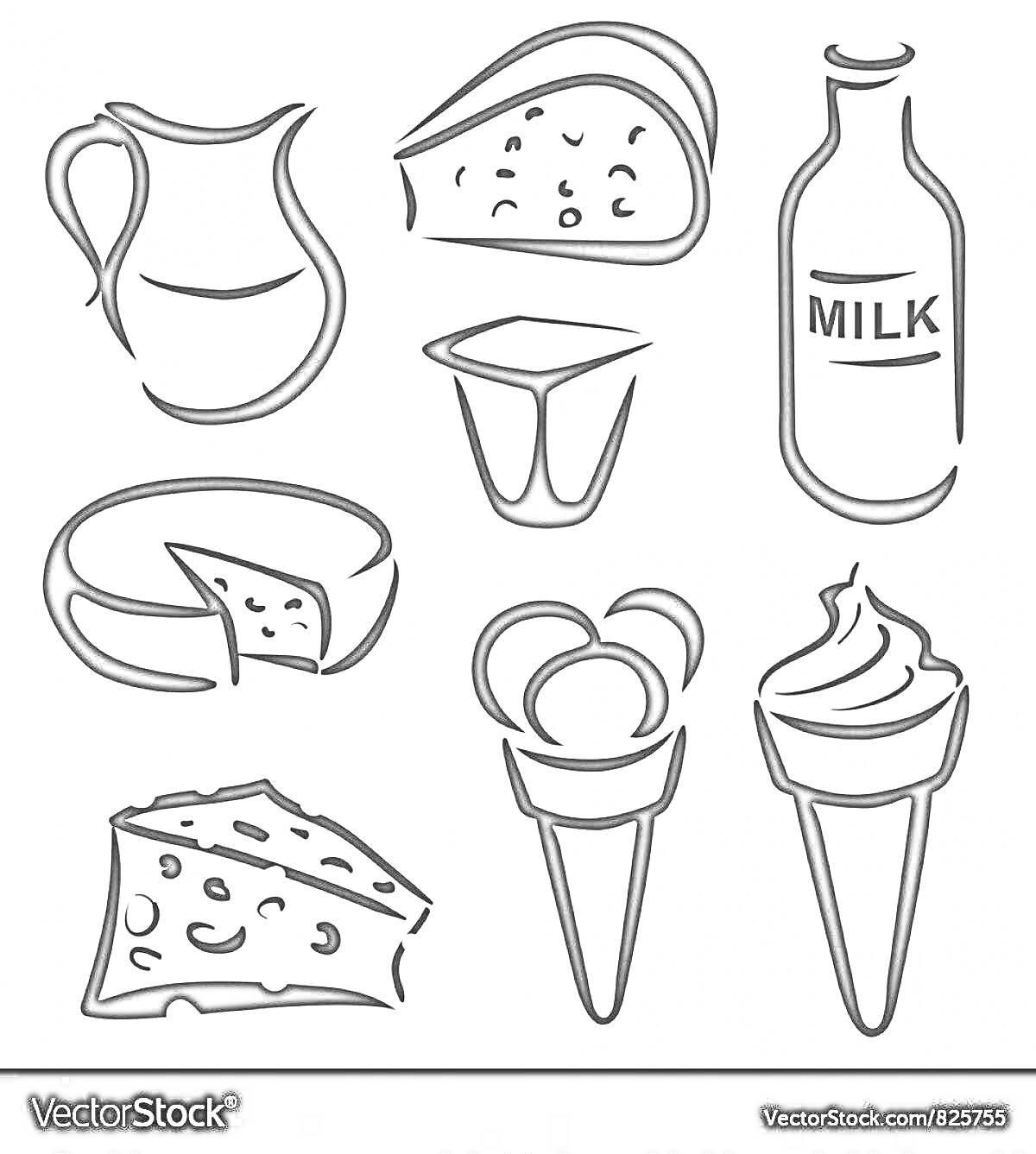 На раскраске изображено: Кувшин, Сыр, Йогурт, Молочные продукты