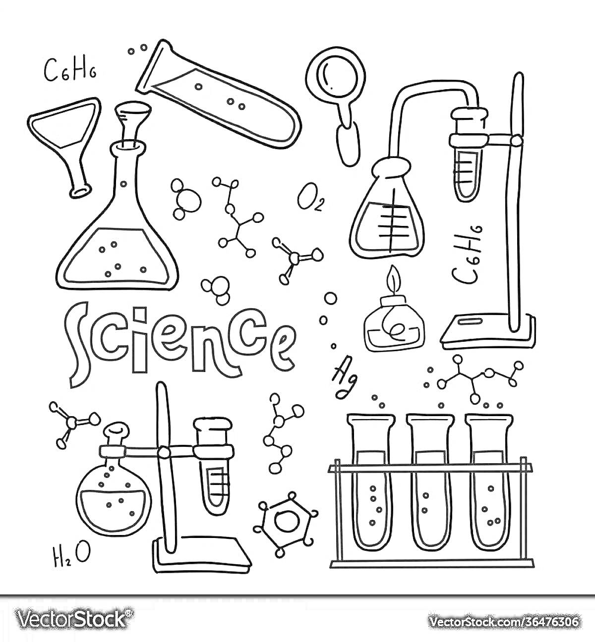 На раскраске изображено: Химия, Наука, Молекулы, Пробирки, Лаборатория, Горелка, Увеличительное стекло, Формулы, Научные инструменты