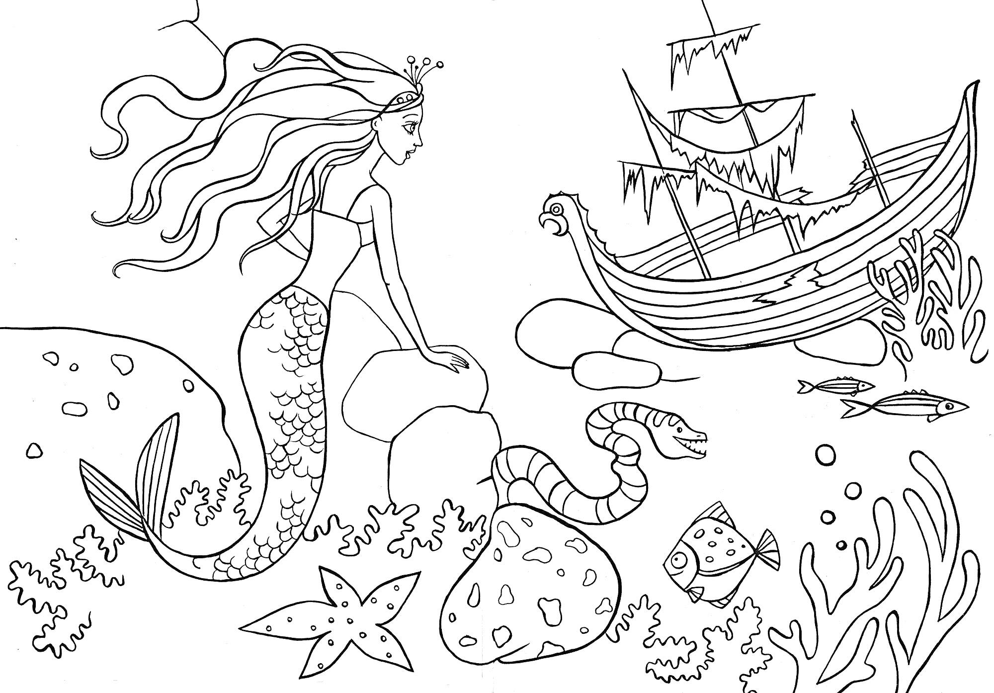 Раскраска Русалка с затонувшим кораблем, морскими животными и растительностью.