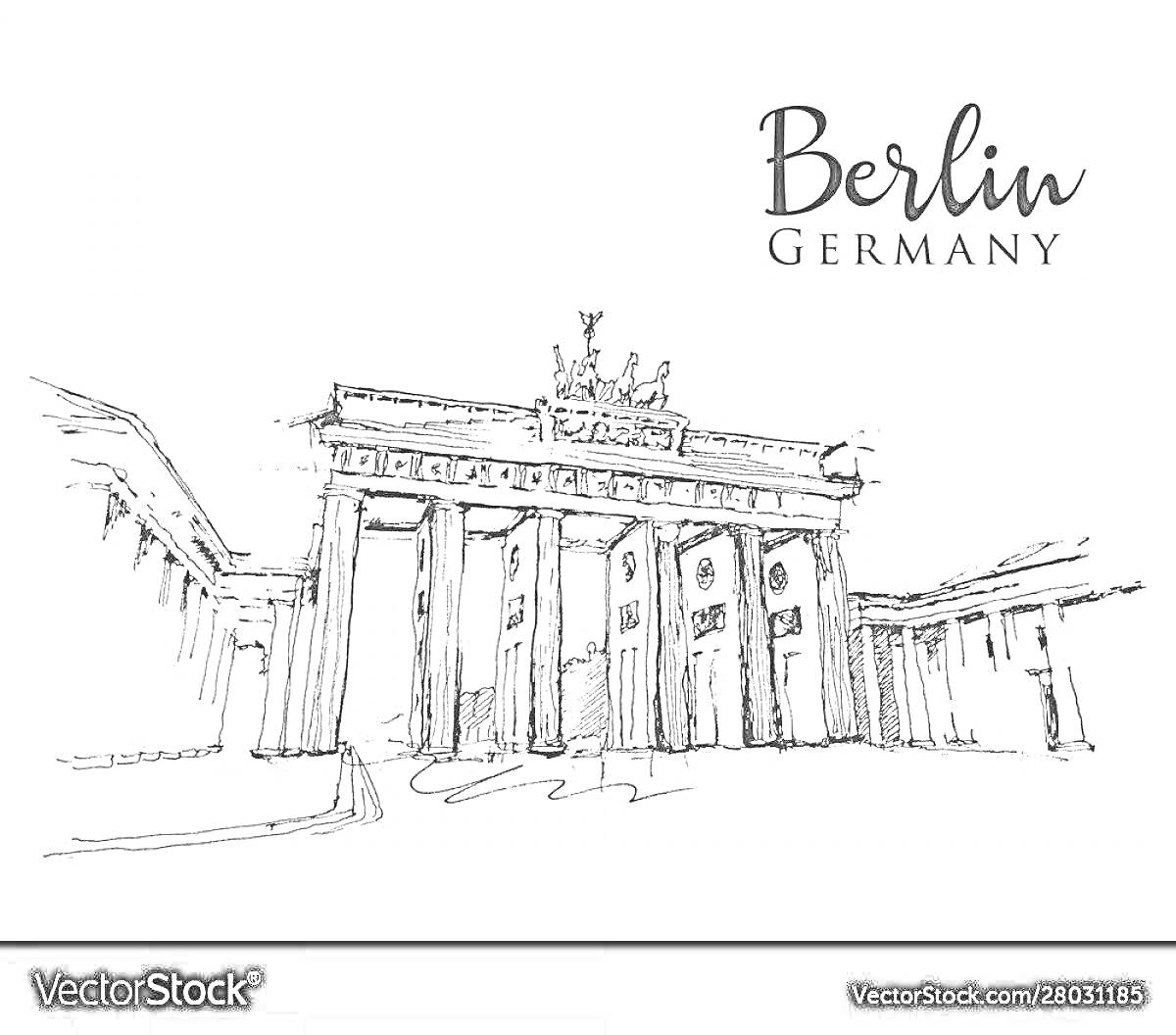 На раскраске изображено: Бранденбургские ворота, Набросок, Архитектура, Ворота, Европа