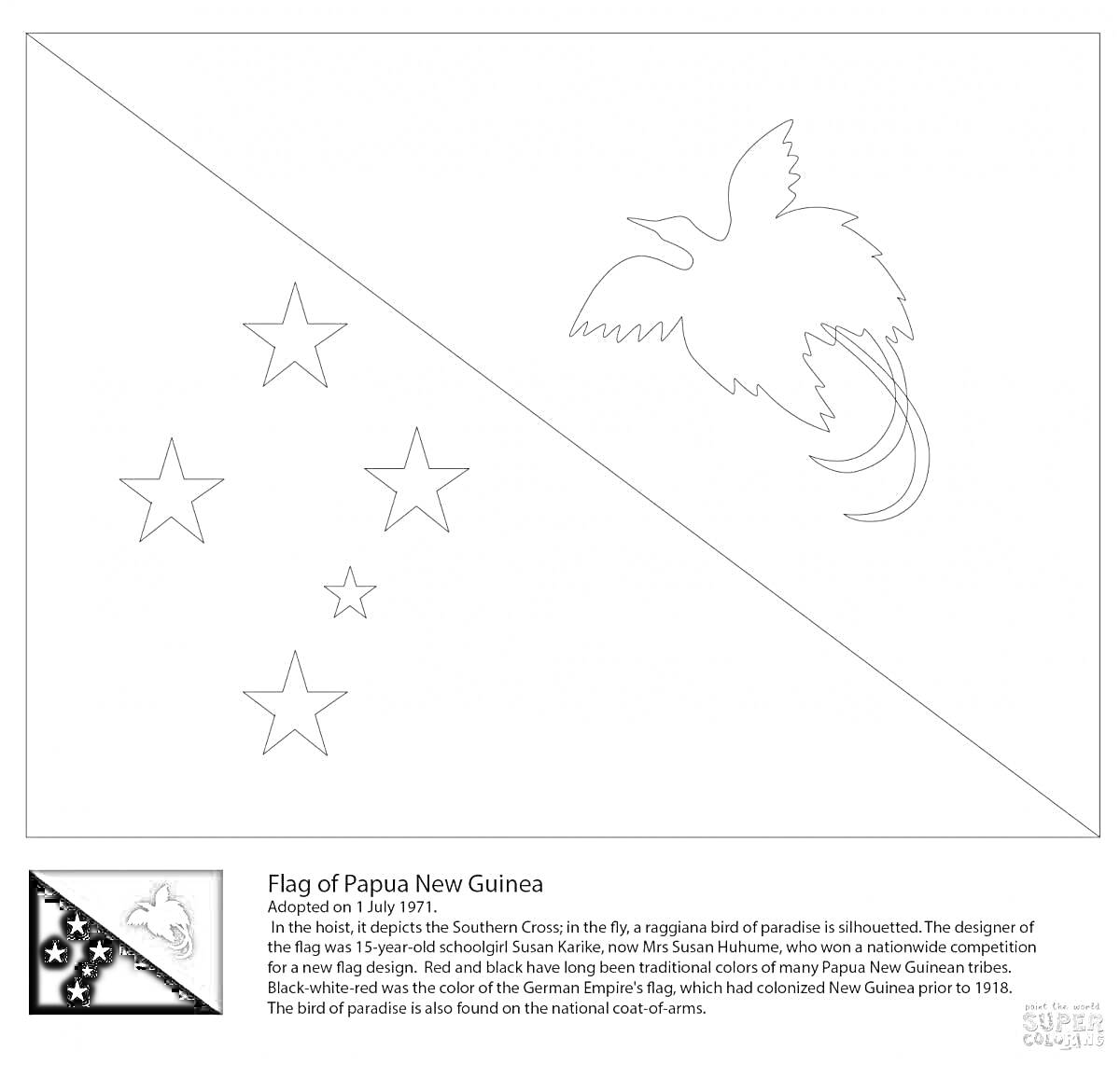 Раскраска Флаг Папуа-Новой Гвинеи - раскраска с изображением пяти звезд и птицы райской