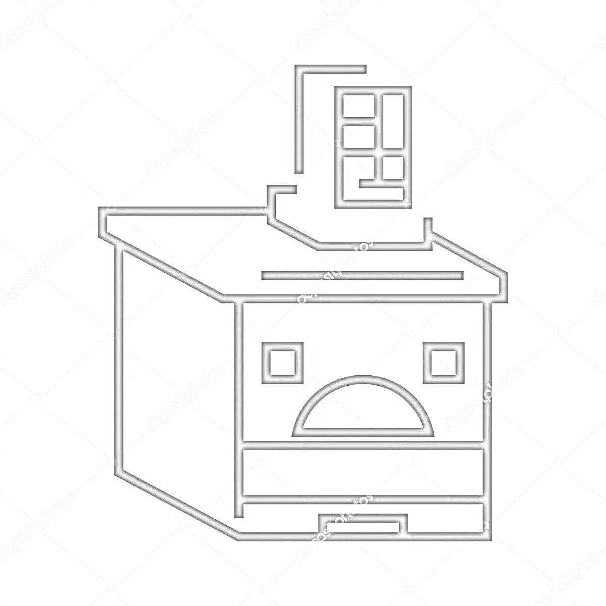 Раскраска Печь с трубой и окошками