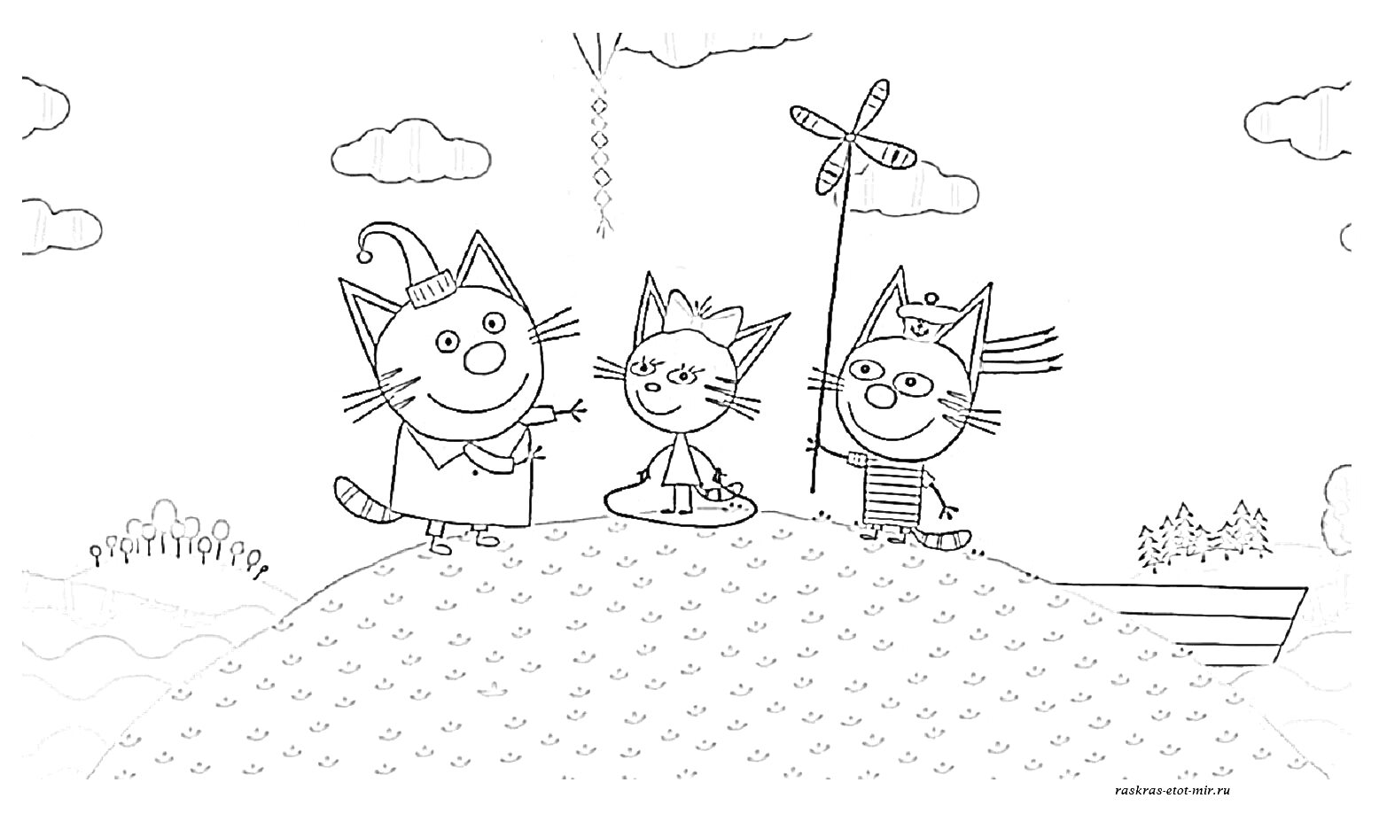 На раскраске изображено: Три кота, Воздушный змей, Облака, Природа, Веселье