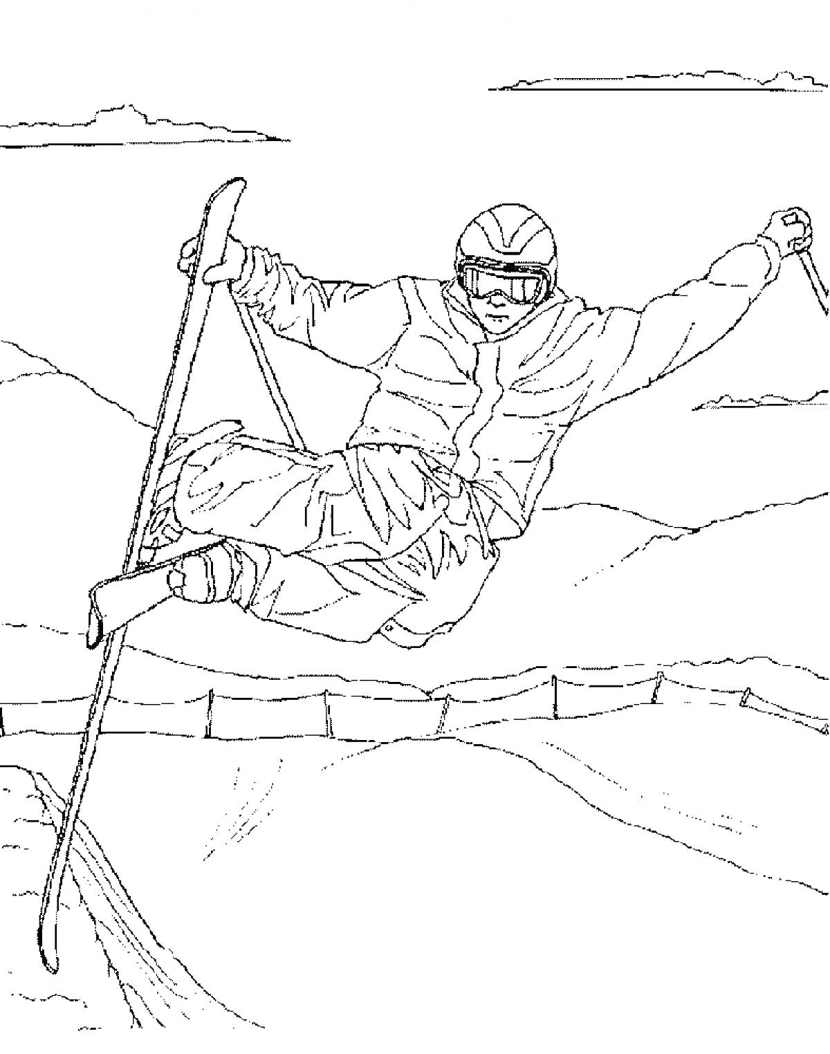 Раскраска Лыжный трюк в горах — мужчина выполняет акробатический элемент на лыжах, в горнолыжной экипировке, на фоне заснеженного пейзажа