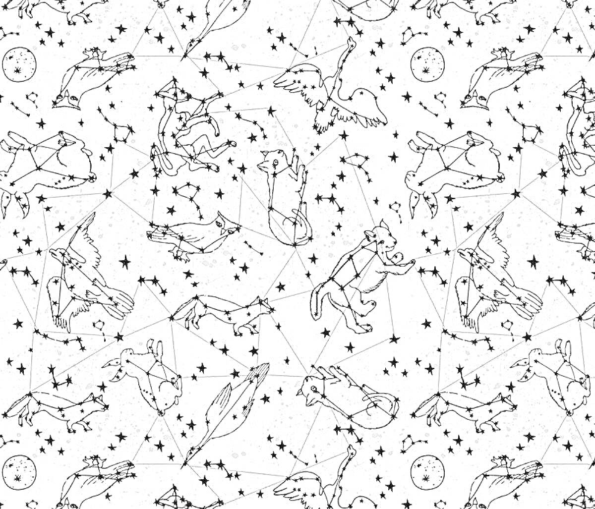 На раскраске изображено: Звезды, Космос, Лебедь, Медведь, Конь, Орел, Рыба, Лисичка, Узор