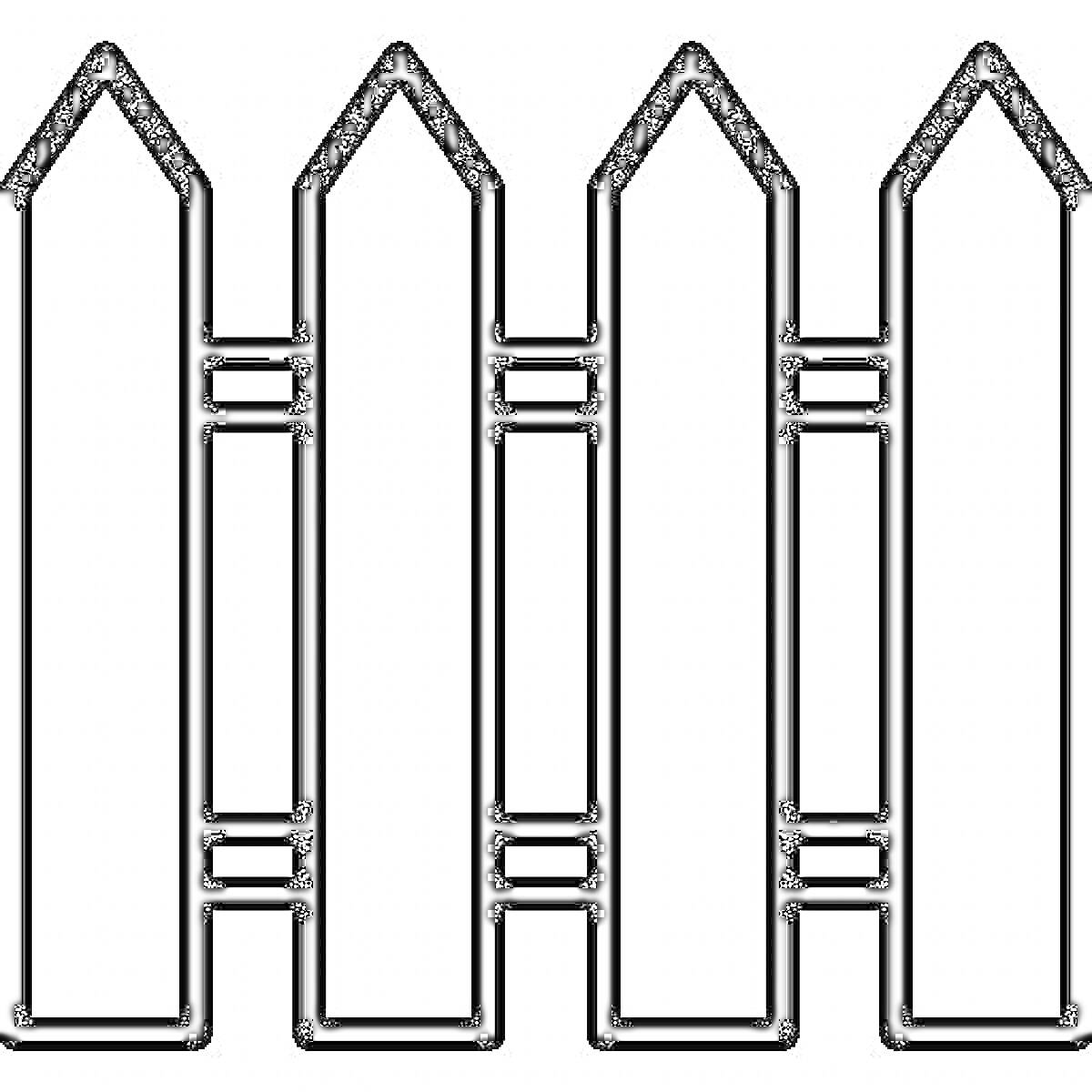 Раскраска Вертикальный забор с пятью заостренными кольями и горизонтальными перекладинами