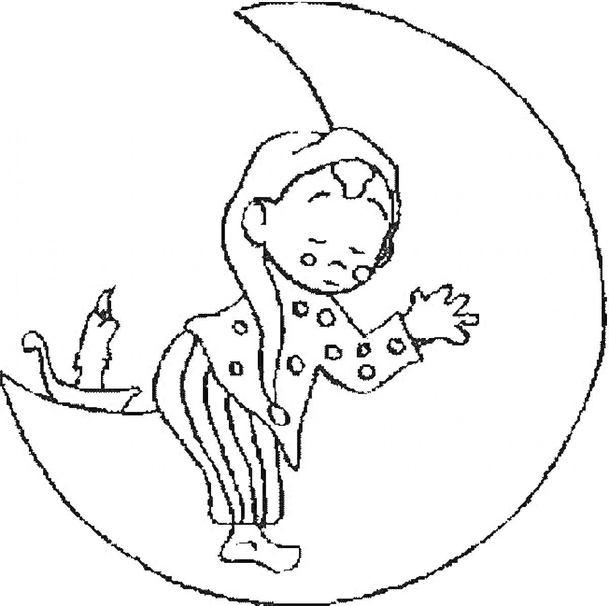 На раскраске изображено: Месяц, Человек, Ночь, Спящий, Иллюстрация, Сон, Для детей, Свечи