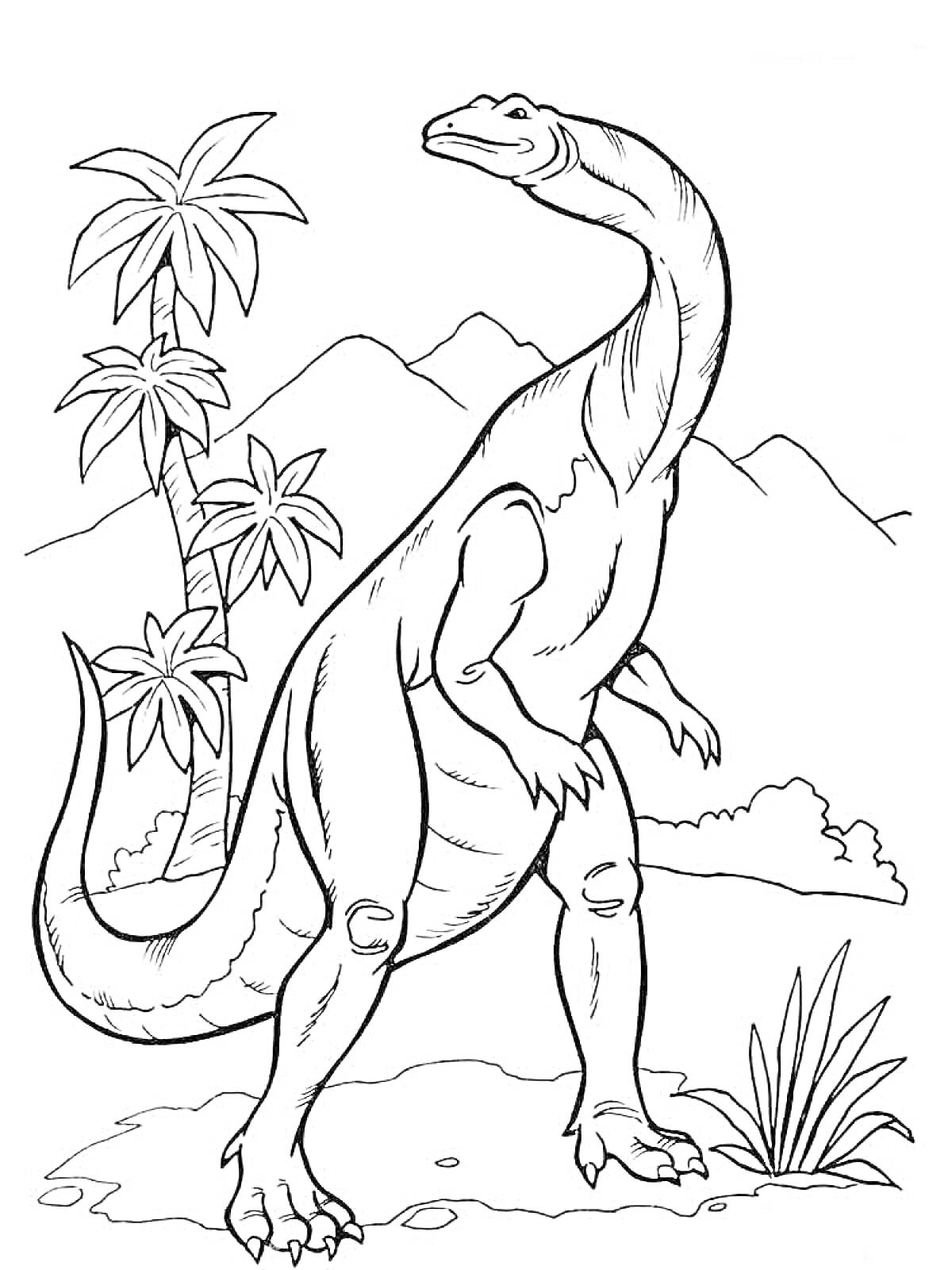 На раскраске изображено: Динозавр, Пальмы, Горы, Пейзаж, Природа, Доисторическая эпоха, Контурные рисунки