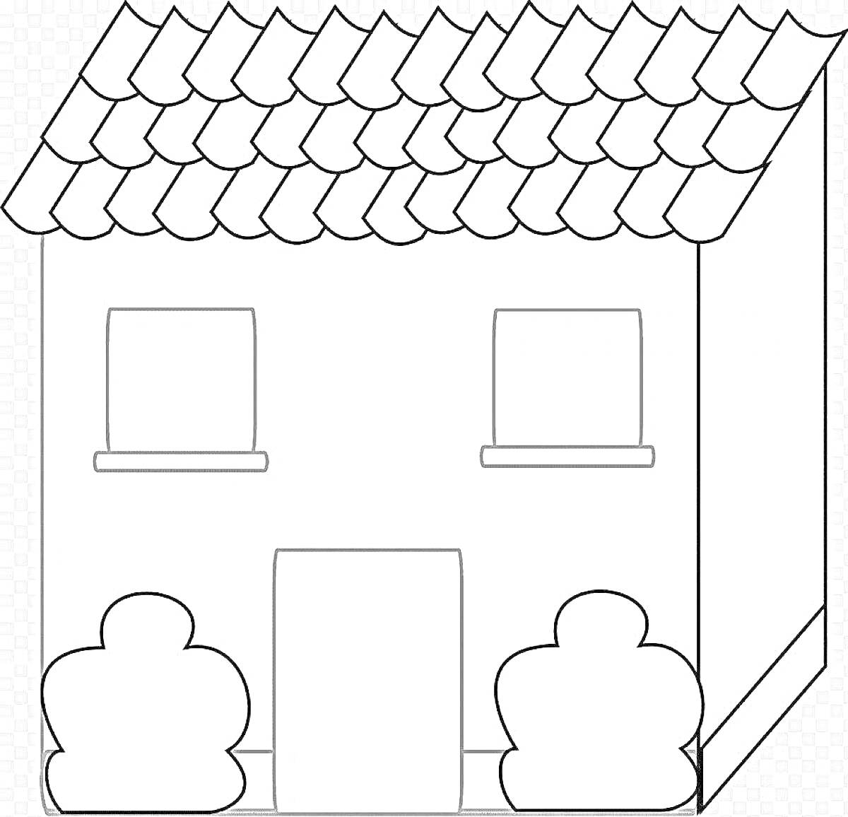 Дом с черепичной крышей, двумя окнами, входной дверью и двумя кустами перед домом