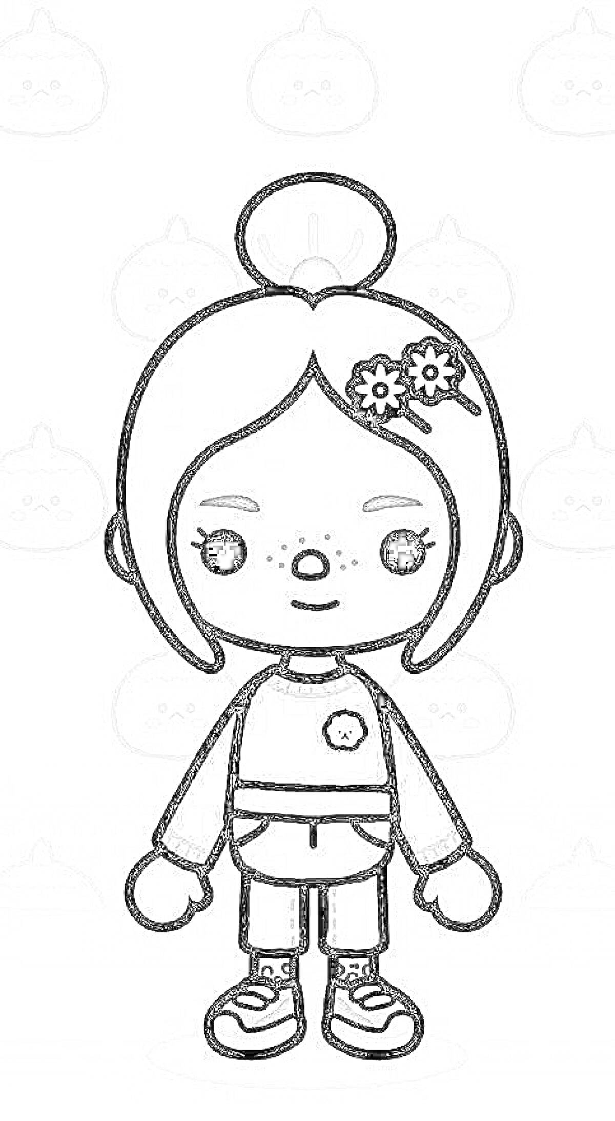 Раскраска Маленький персонаж в свитере с цветами, заколка с цветами, носочки с сердечками, кроссовки, прическа с пучком.