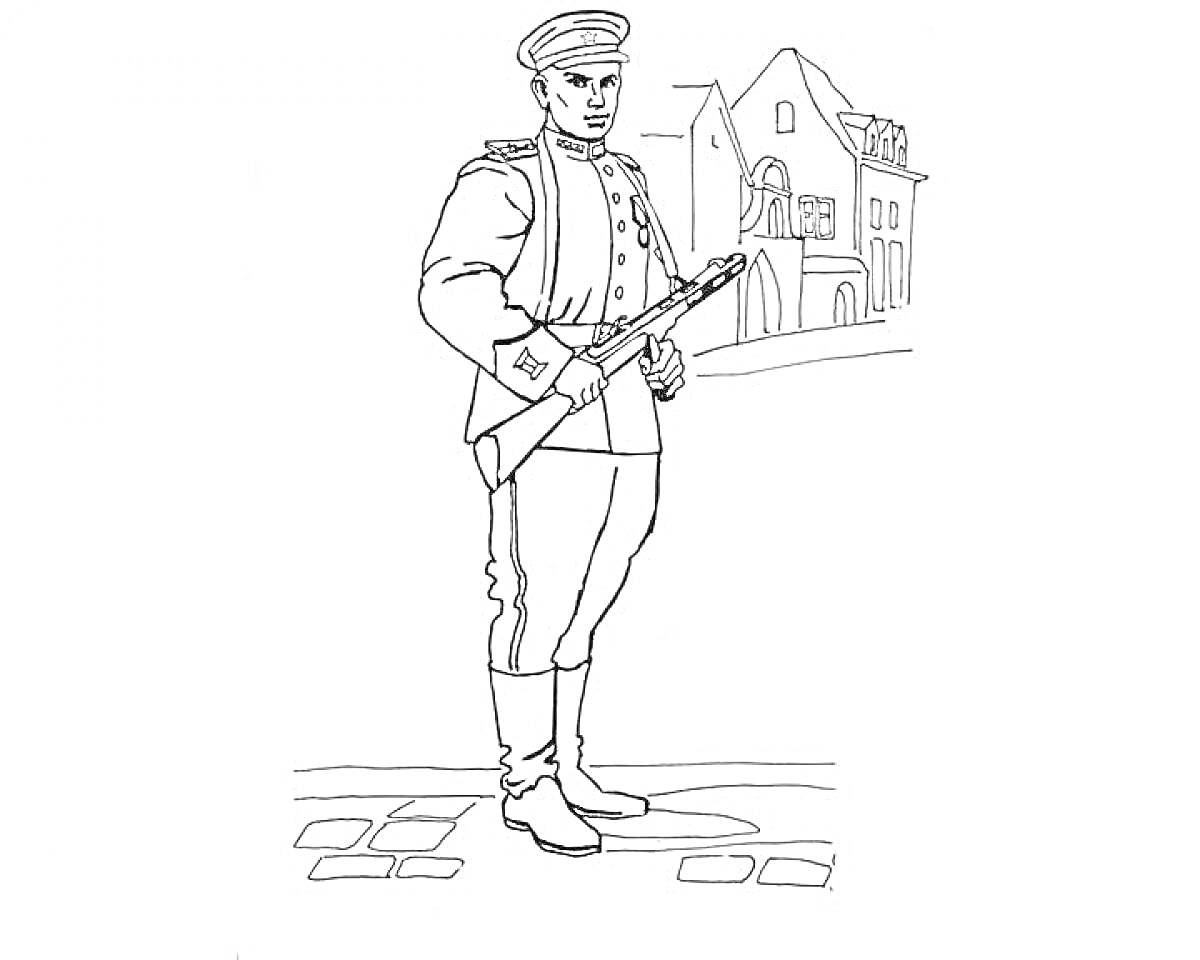 Раскраска Солдат с ружьём на фоне улицы с домами