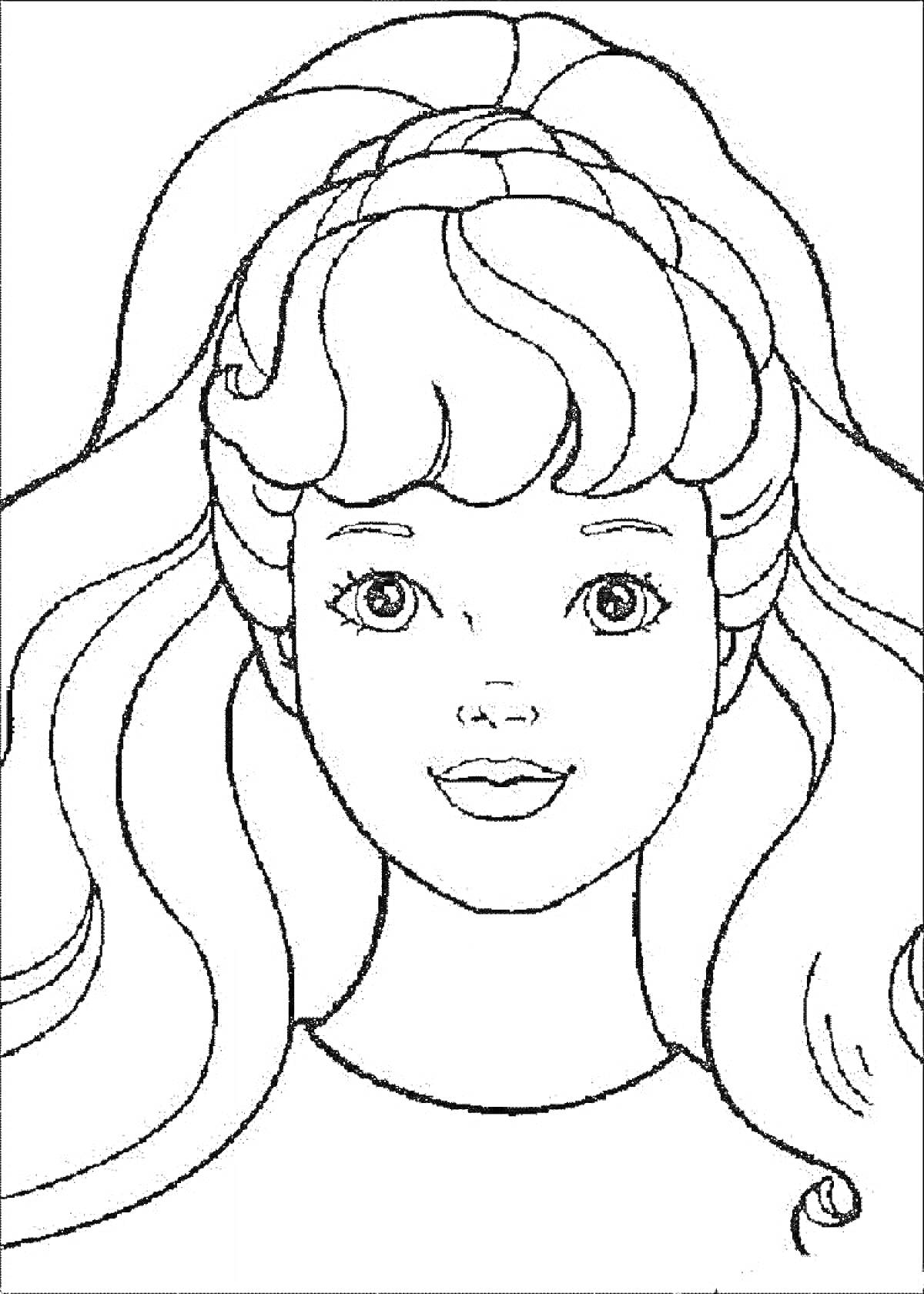 Раскраска Лицо девочки с длинными волосами и бантом на голове