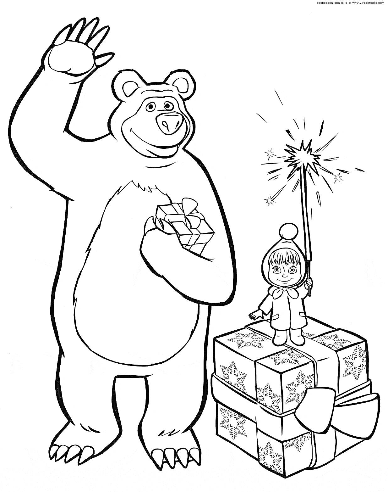 Раскраска Медведь с подарками и девочка с бенгальским огнем на подарках
