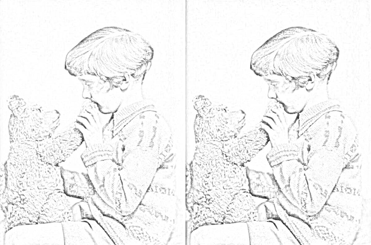 Раскраска Мальчик гладит плюшевого медведя