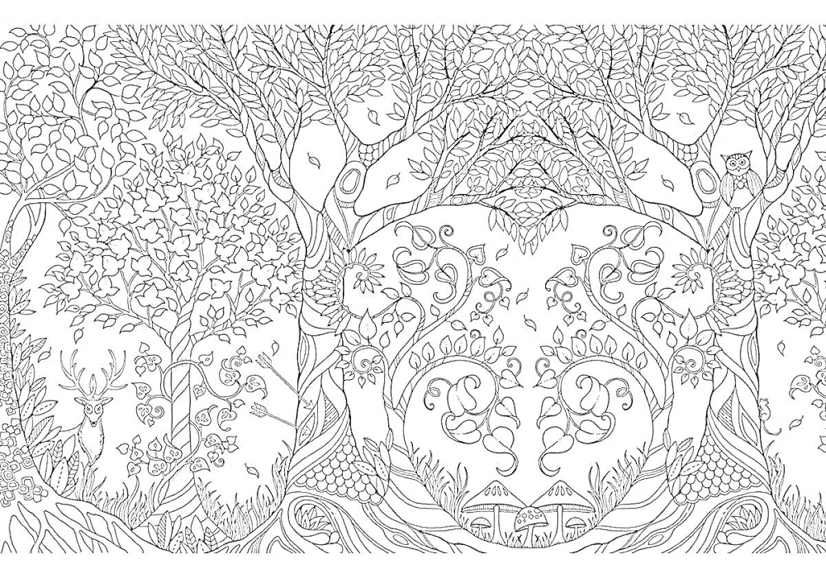 Раскраска Лесная сцена: два больших дерева с узорами, совы на ветвях, олень у дерева, домики между деревьями, листья и ветки вокруг