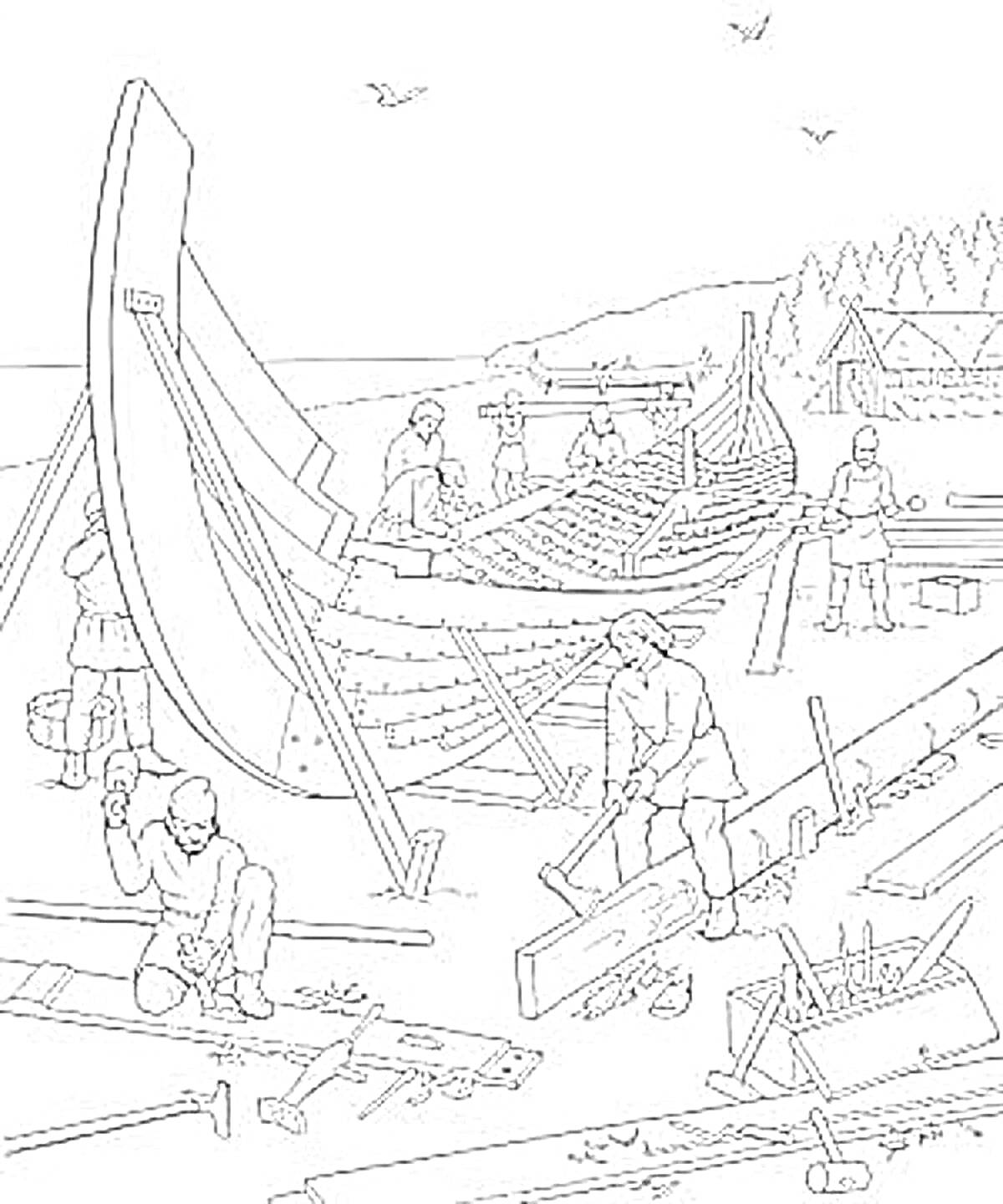 Раскраска Строительство корабля при Петре Первом, мастеровые за работой, корабль на верфи, инструменты и доски на земле, лес на горизонте, птицы в небе, домик на заднем плане