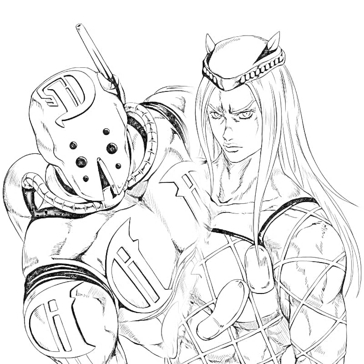 Раскраска Персонаж со шлемом и персонаж с длинными волосами и короной из 