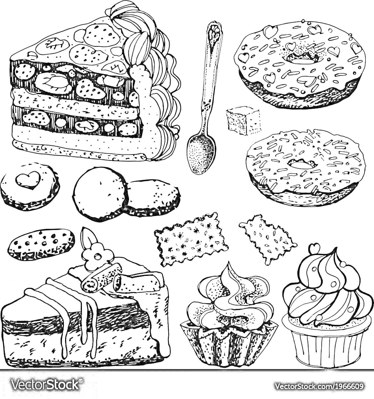 Раскраска Ассорти мучных изделий (пирог с начинкой и кремом, чайная ложка, пончики с глазурью, печенье в форме сердечек, рассыпчатое печенье, тонкие крекеры, торт с кремом и фруктами, кекс с кремом, кекс с вишней)