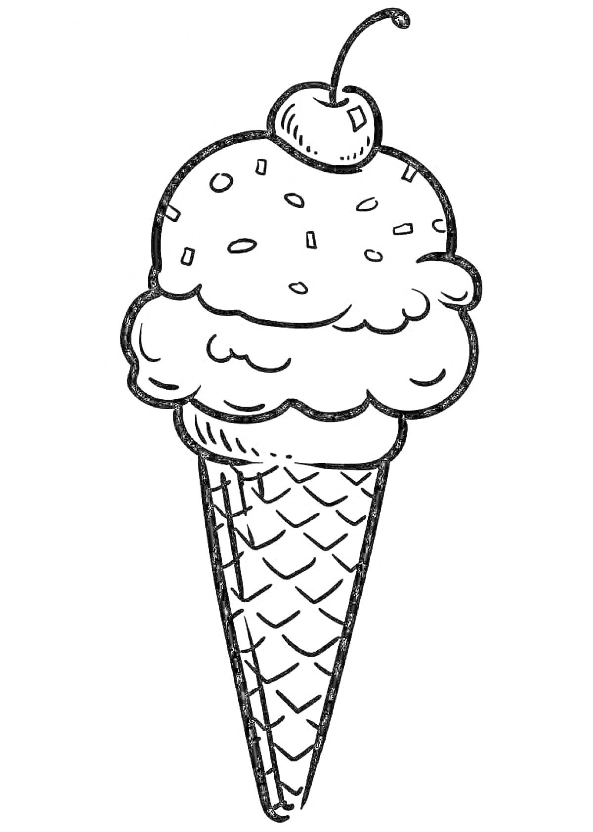 На раскраске изображено: Мороженое, Вафельный рожок, Вишня, Посыпка, Сладости, Десерты