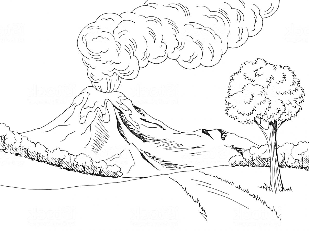 На раскраске изображено: Вулкан, Извержение, Дым, Поле, Природа, Пейзаж