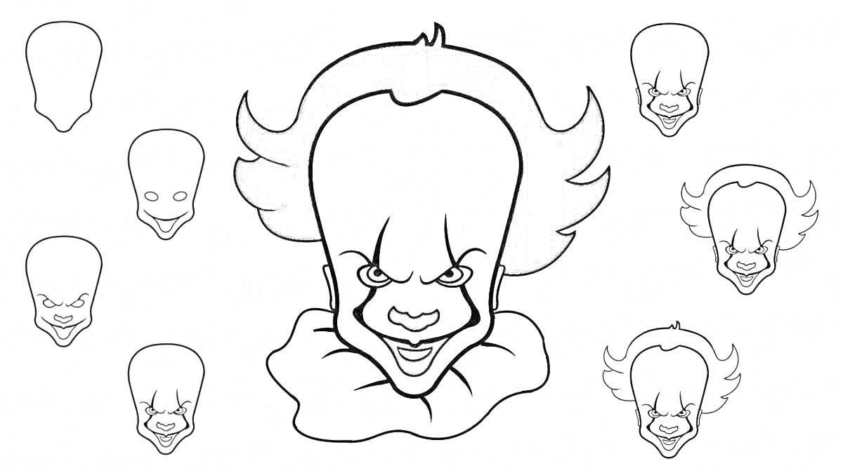 На раскраске изображено: Пеннивайз, Ужасы, Лицо, Волосы, Жуткий, Клоуны, Контурные рисунки