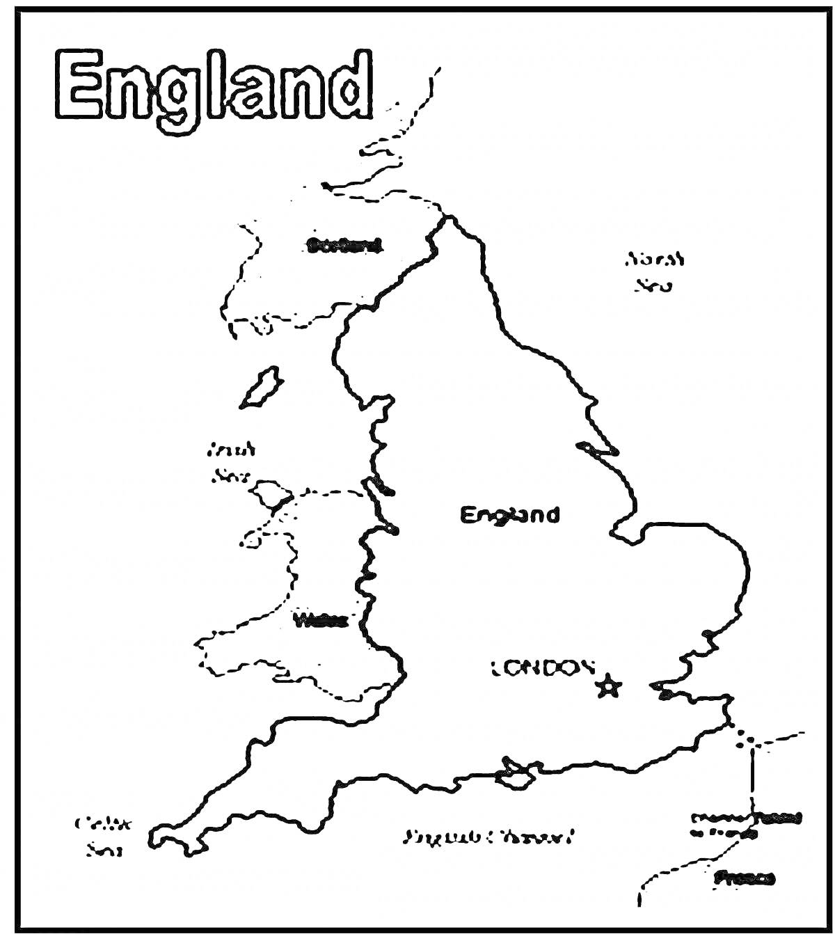 Раскраска Карта Великобритании с обозначением стран и городов (Scotland, Ireland, England, Wales, London)