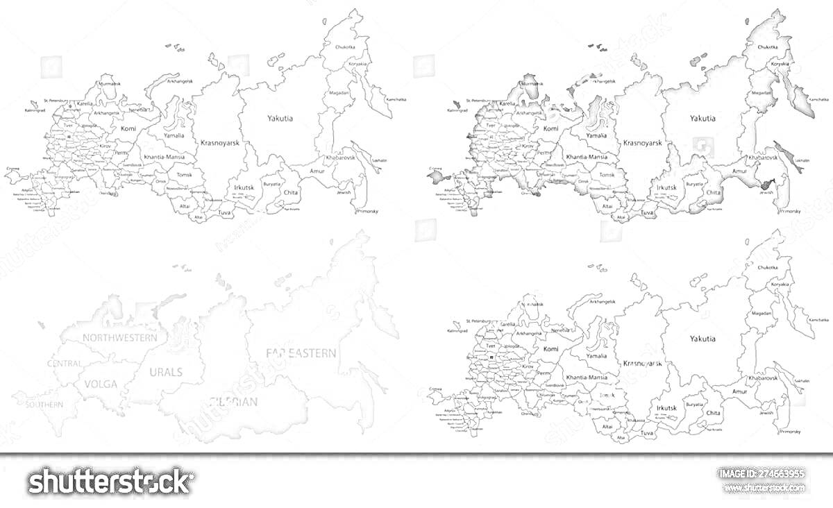 карта России с городами для раскрашивания на четырех вариантах