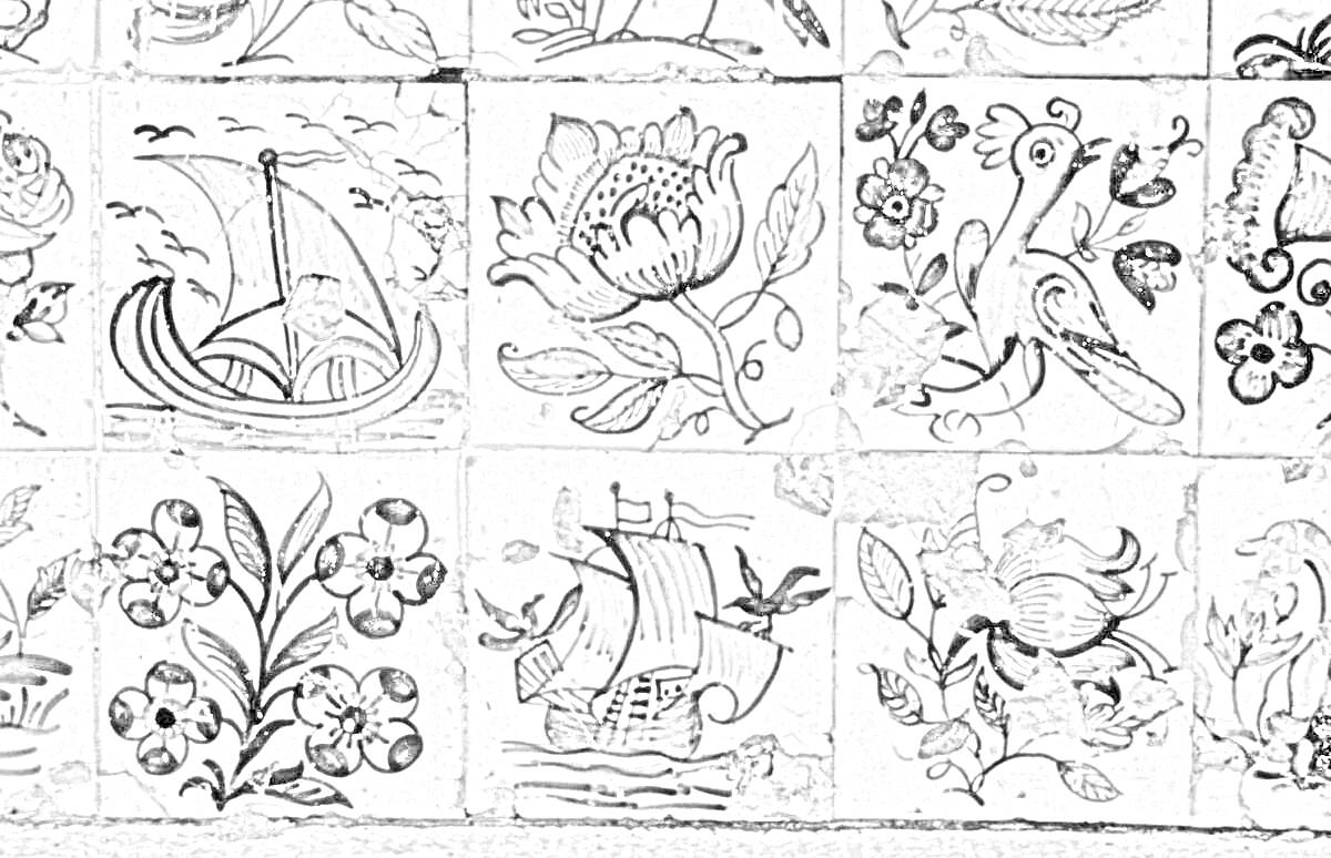 На раскраске изображено: Керамическая плитка, Корабль, Цветы, Птица