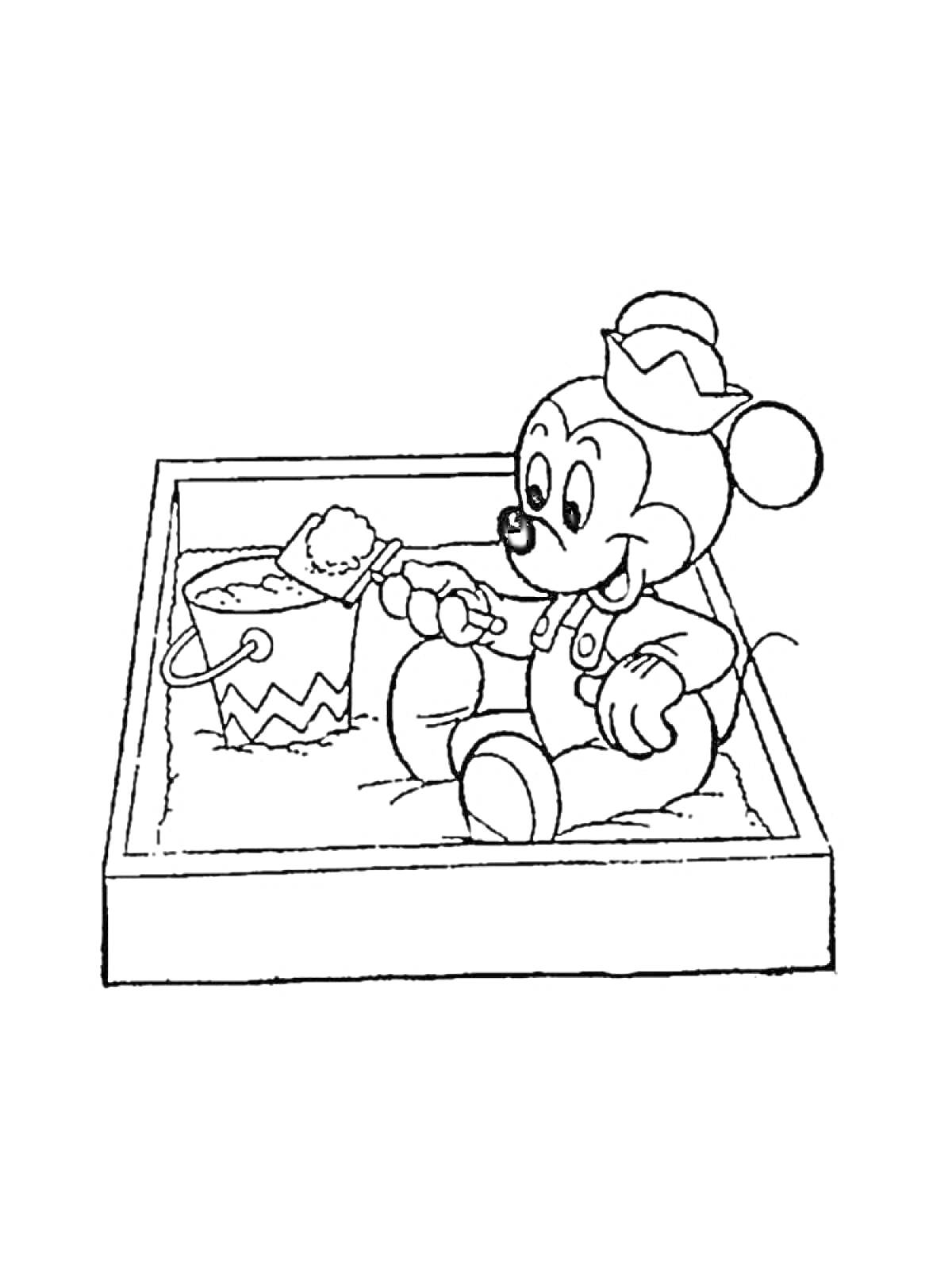 Раскраска Рисунок с мышонком в песочнице, держащего лопатку и ведёрко