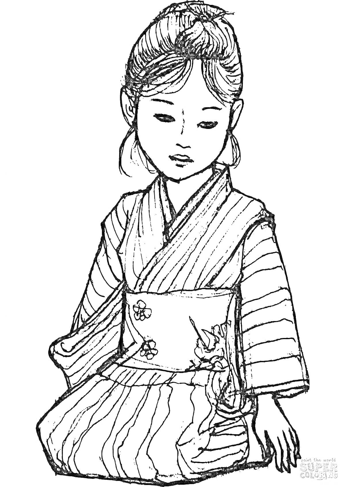 На раскраске изображено: Япония, Девочка, Кимоно, Традиционная одежда, Цветы, 4 класс