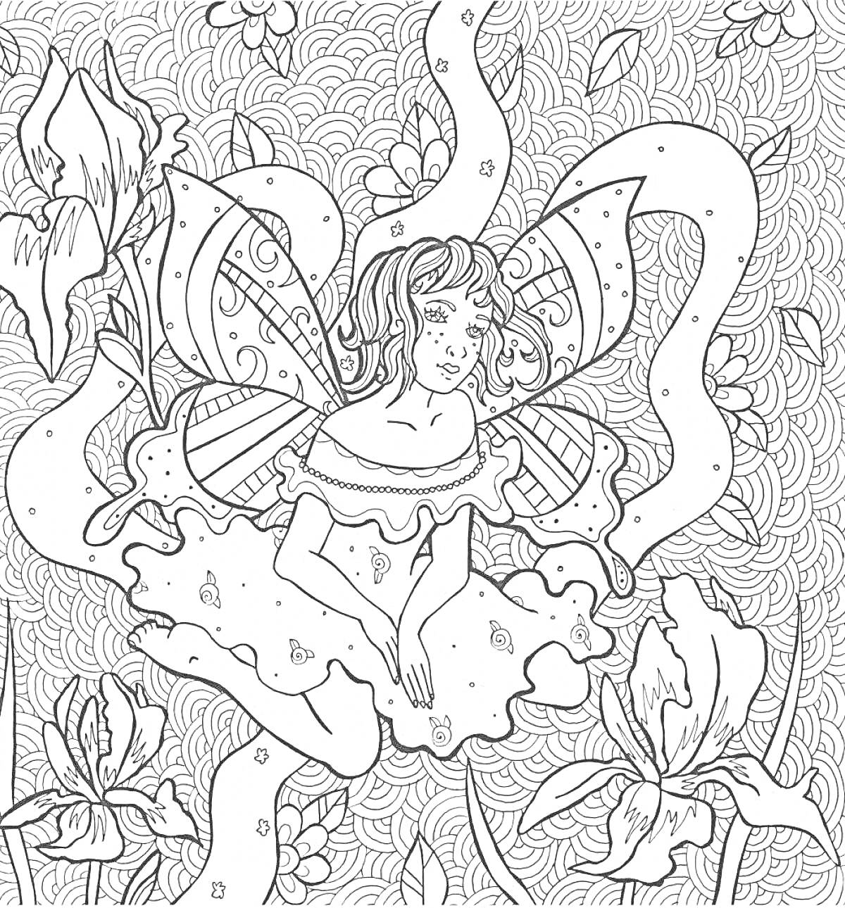 На раскраске изображено: Антистресс, Фея, Крылья, Цветы, Ирис, Узоры