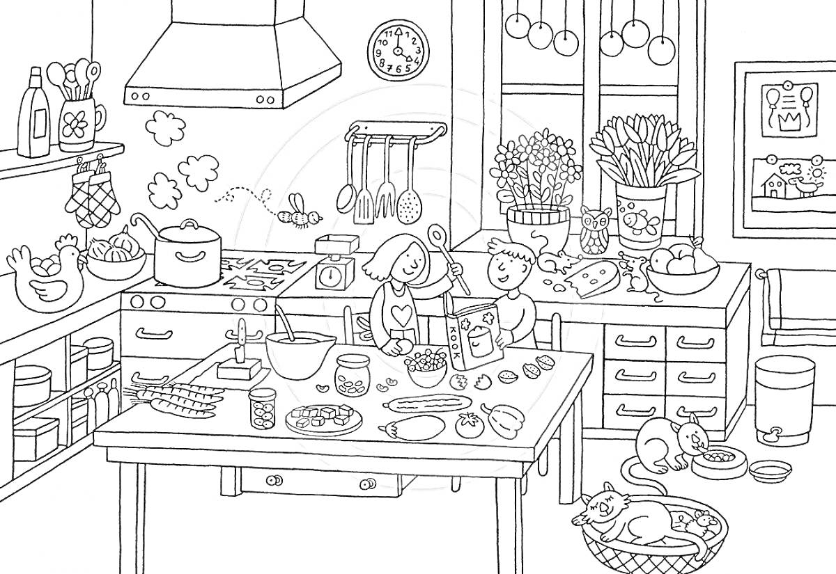 Раскраска Кухня тока бока со всеми элементами - люди за приготовлением пищи, кошка в корзине, посуда, плита с готовящейся пищей, кухонные шкафы с полками, различные кухонные принадлежности, цветы на окне, часы, картина на стене, полка с красивыми чашками и аксессуа