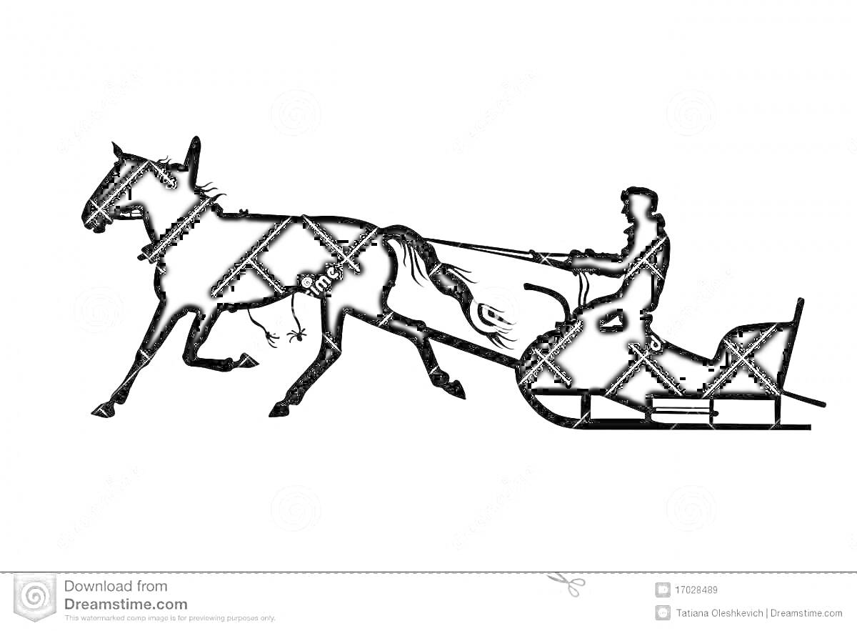 Раскраска Лошадь с санями и всадником