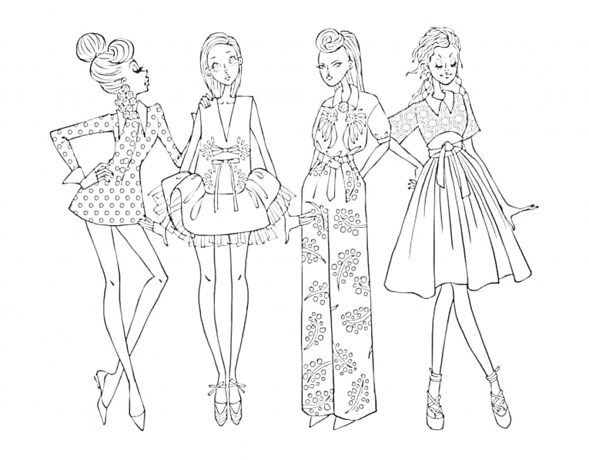 Раскраска Модные девушки в стильных нарядах (платье в горошек, платье со шлейфом, комбинезон с узором, платье с поясом)
