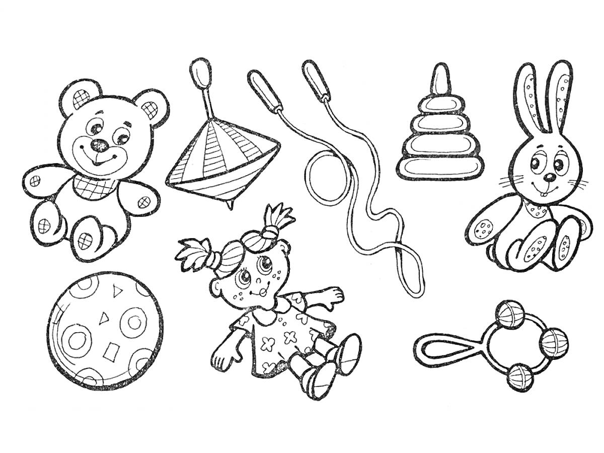 На раскраске изображено: Игрушки, Волчок, Кукла, Погремушка, Зайцы, Медведь, Мячи, Пирамида