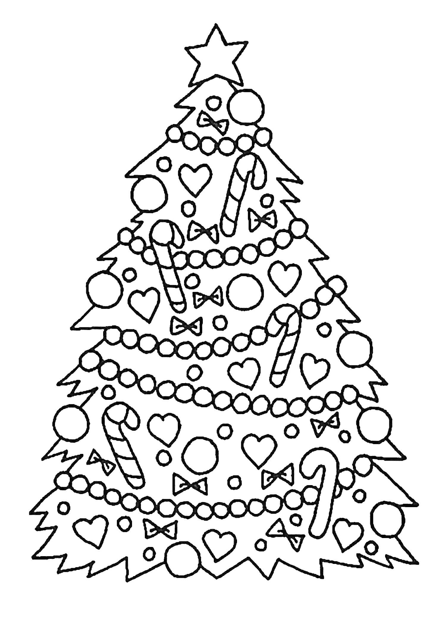 Раскраска Елка с украшениями: звезда, шарики, сердечки, конфеты, бусы, бантики