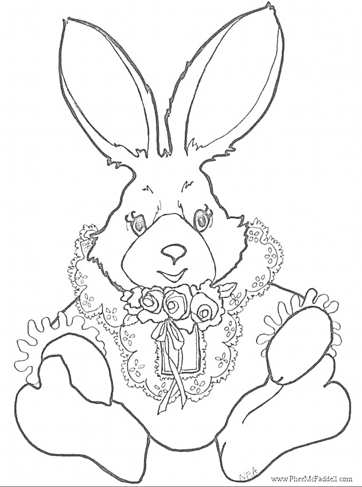 РаскраскаНовогодний кролик с ожерельем и розами