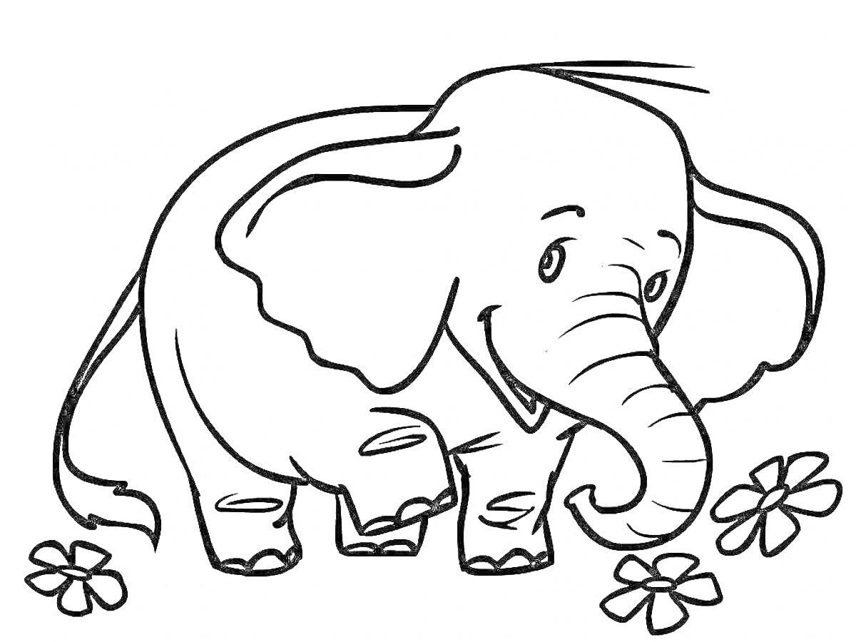 На раскраске изображено: Слон, Слоник, Цветы, Животное, Природа, Для детей