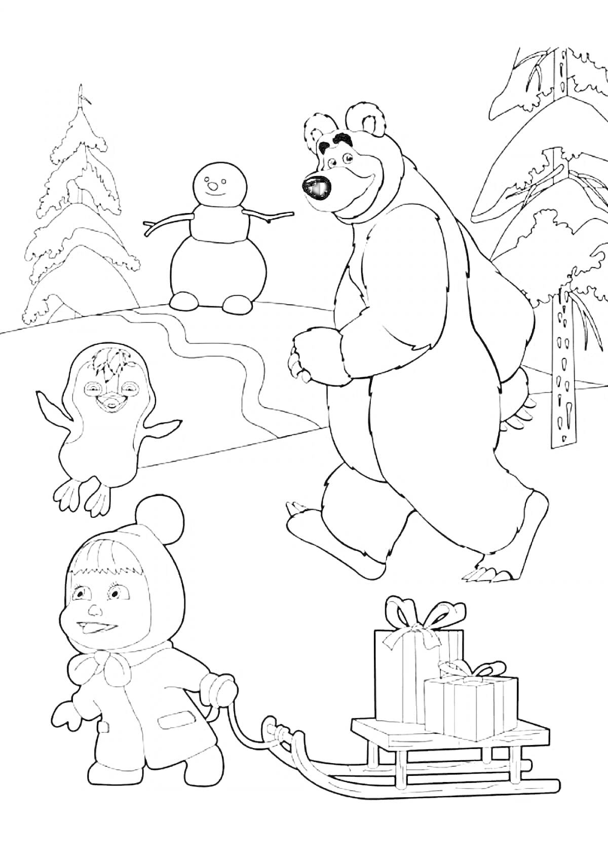 На раскраске изображено: Маша, Подарки, Деревья, Зима, Снег