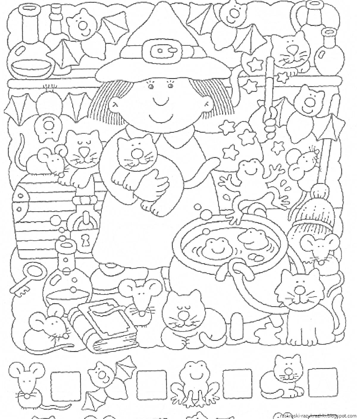 Раскраска Девочка-ведьмочка с котом, окруженная волшебными предметами и существами