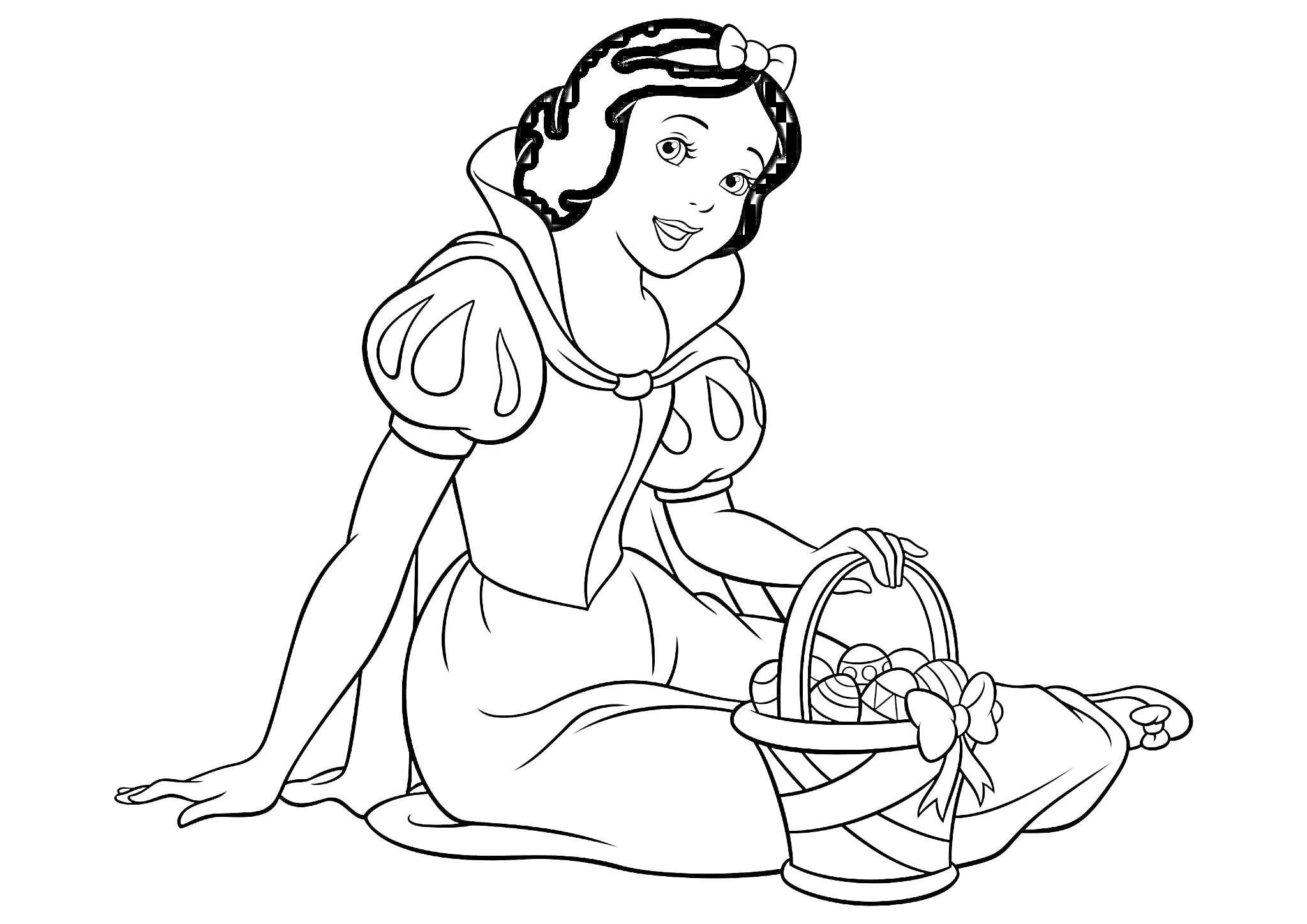 На раскраске изображено: Белоснежка, Принцесса, Корзина, Цветы, Для детей
