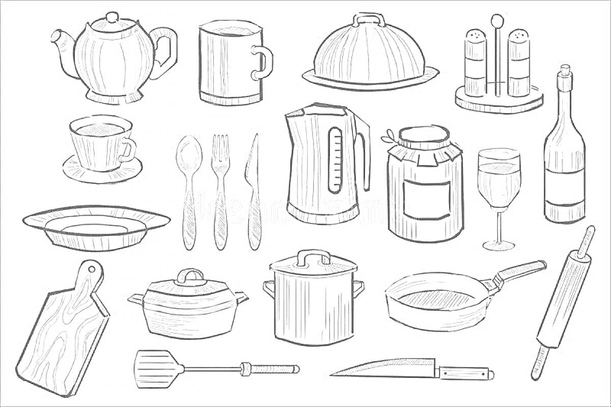 На раскраске изображено: Солонка, Перечница, Вилка, Ложка, Нож, Банка, Крышка, Бокал, Вино, Бутылка, Тарелка, Доска, Сковорода, Скалка, Кухня, Посуда, Еда