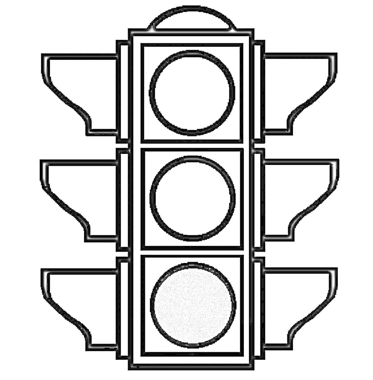 Раскраска с изображением трехцветного светофора с красным, желтым и зеленым кругами