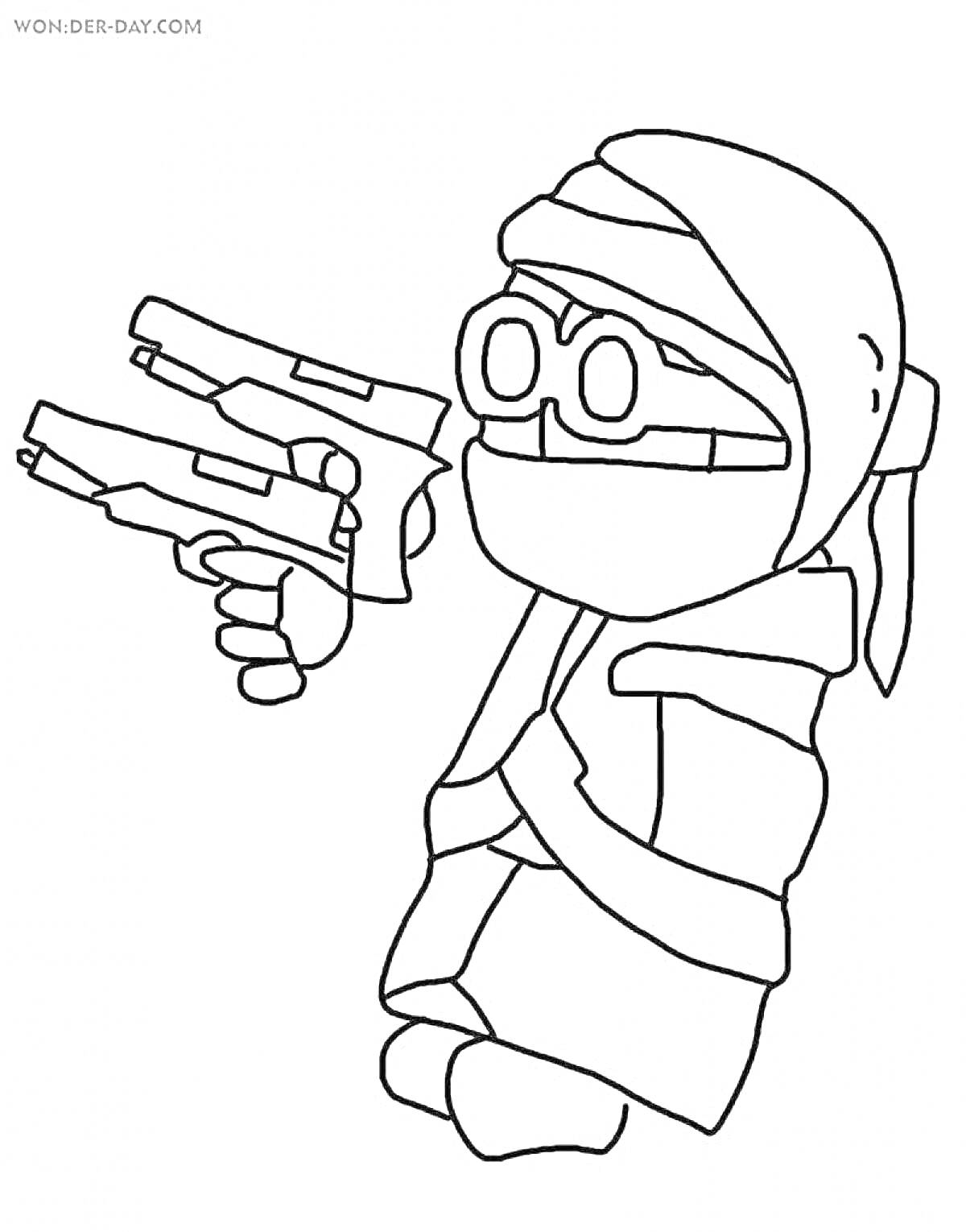 Раскраска Человек в защитной повязке и очках с двумя пистолетами