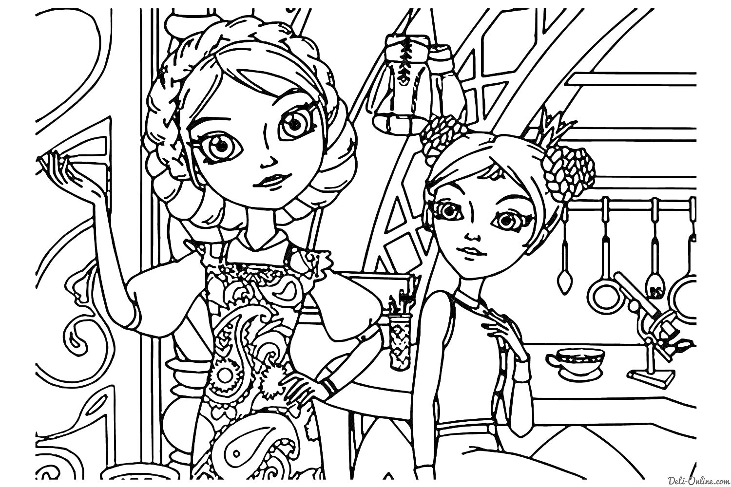 Раскраска Царевны на кухне: две царевны, шкаф с посудой, чайник, кружка, спецовник, полка