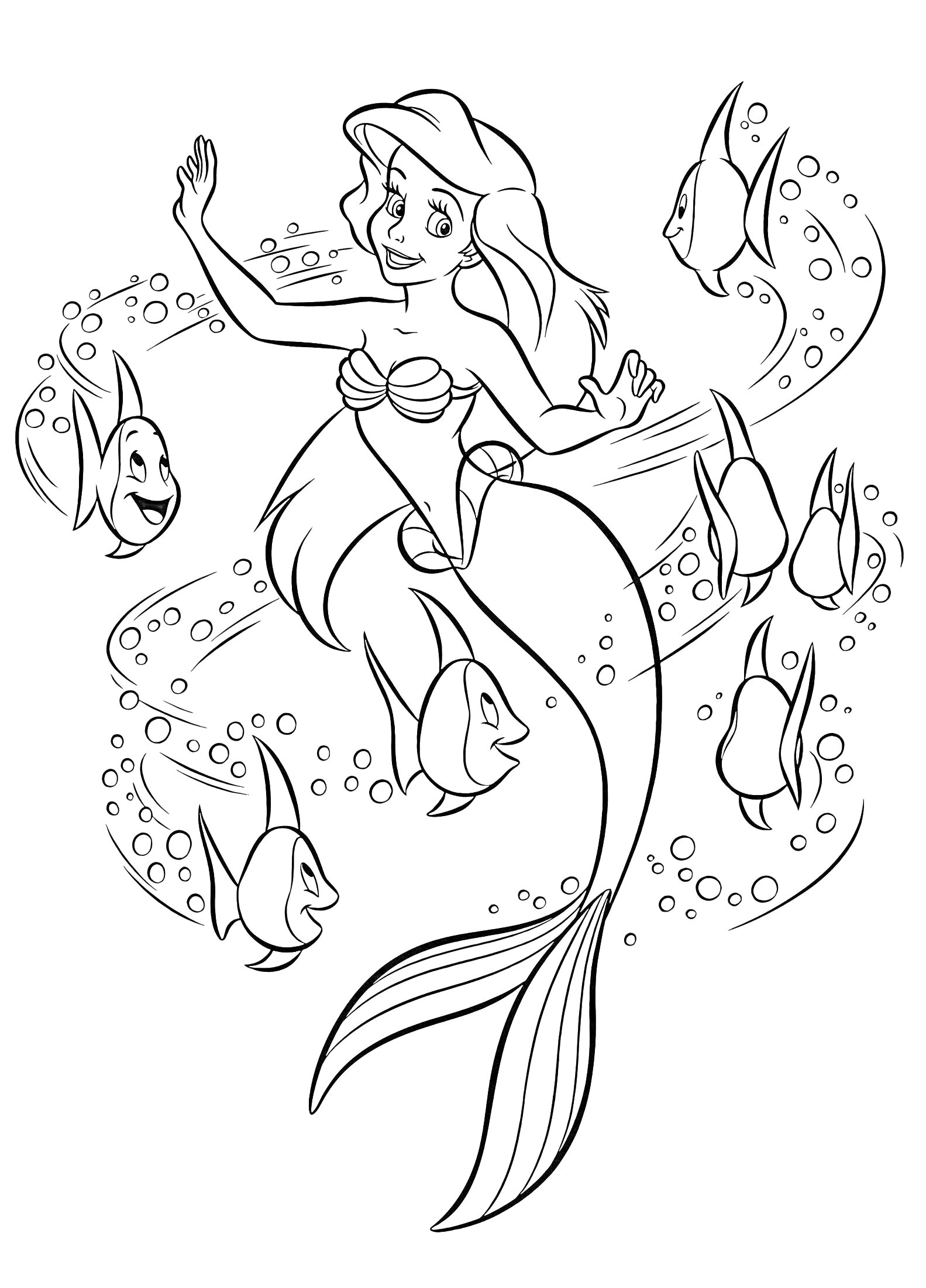 Раскраска Русалочка Ариэль с пятью рыбками, пузыри