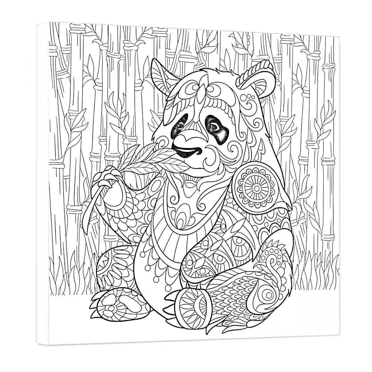 Раскраска Панда с узорами и бамбуком