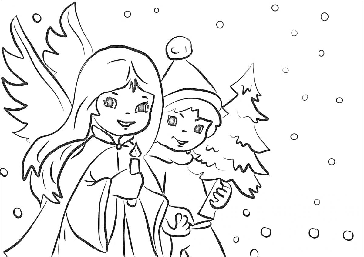 Раскраска Ангел и ребенок с новогодней елкой и свечой под рождественским снегом