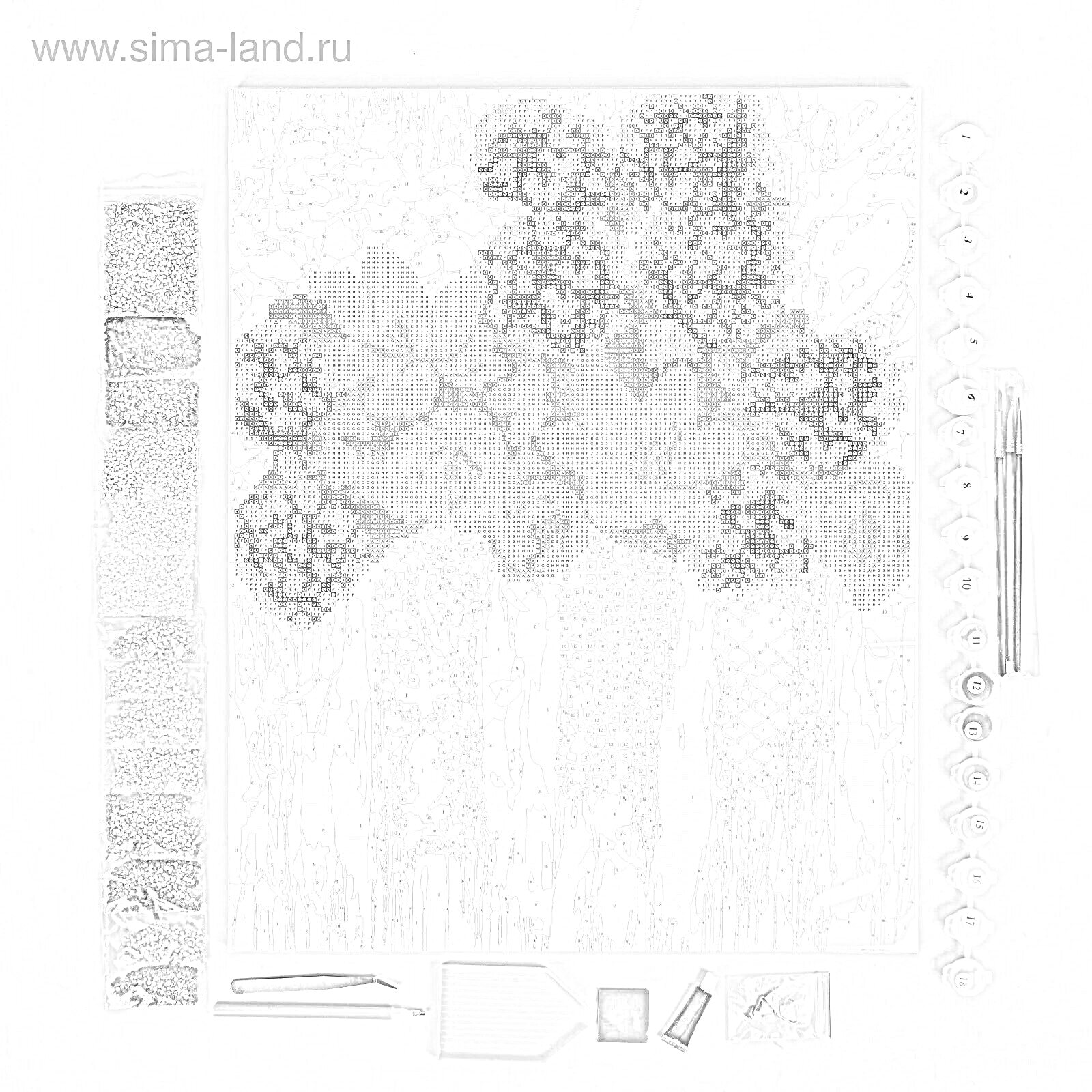 На раскраске изображено: Алмазная мозаика, Цветы, Стразы, Краски, Холст, Стилус, Контейнер, Творческий набор