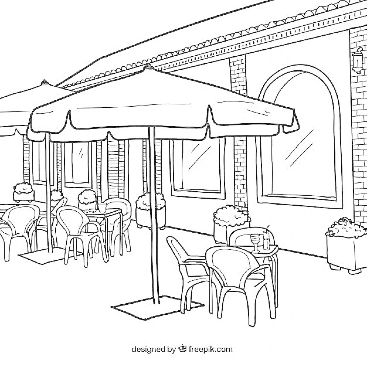 На раскраске изображено: Ресторан, Кафе, Уличное кафе, Окна, Архитектура
